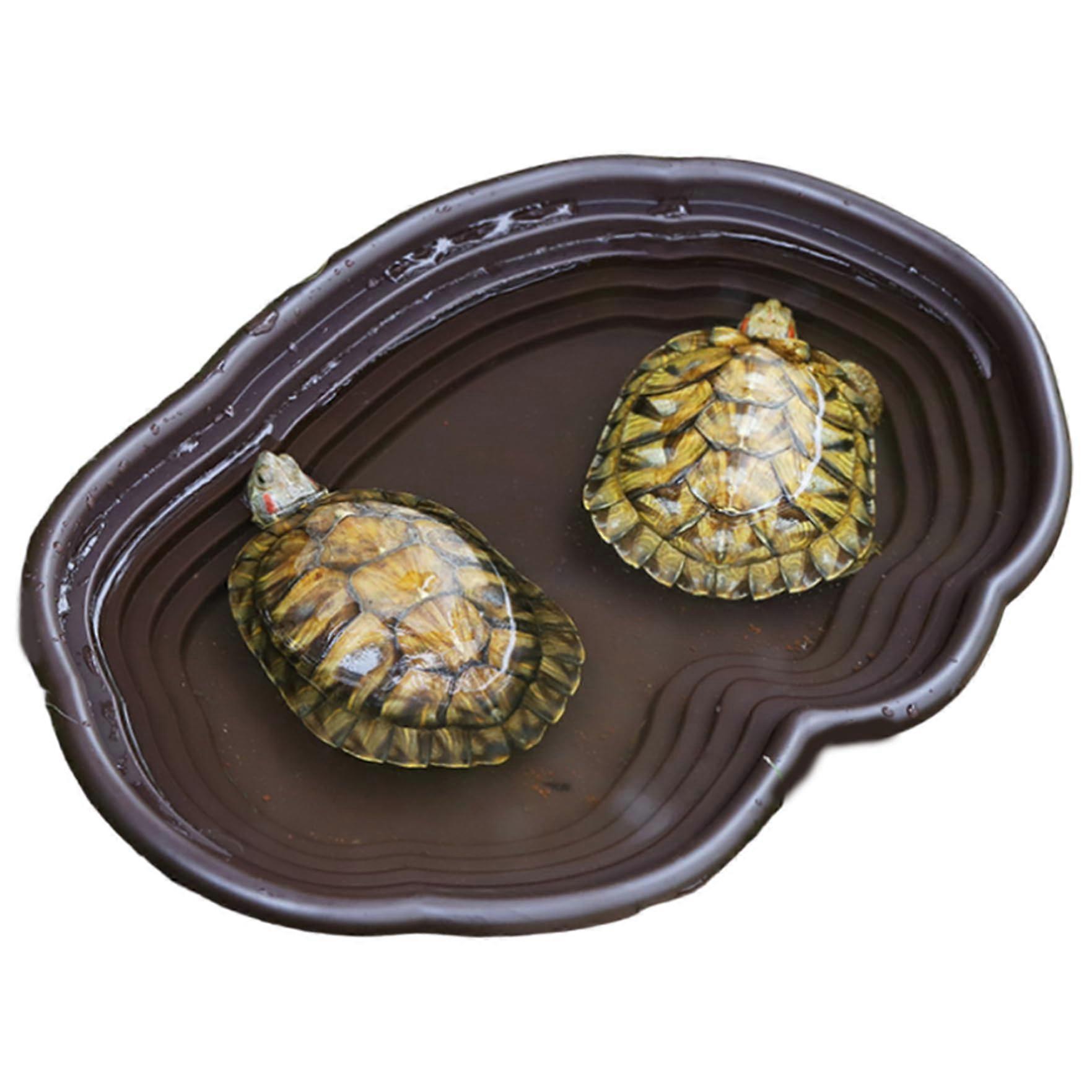 Turtle Water Bowl With Ramp 15x11x2 Inch, Reptile Water Dish, Belly Bath For Gecko, Snake, Turtle Brown