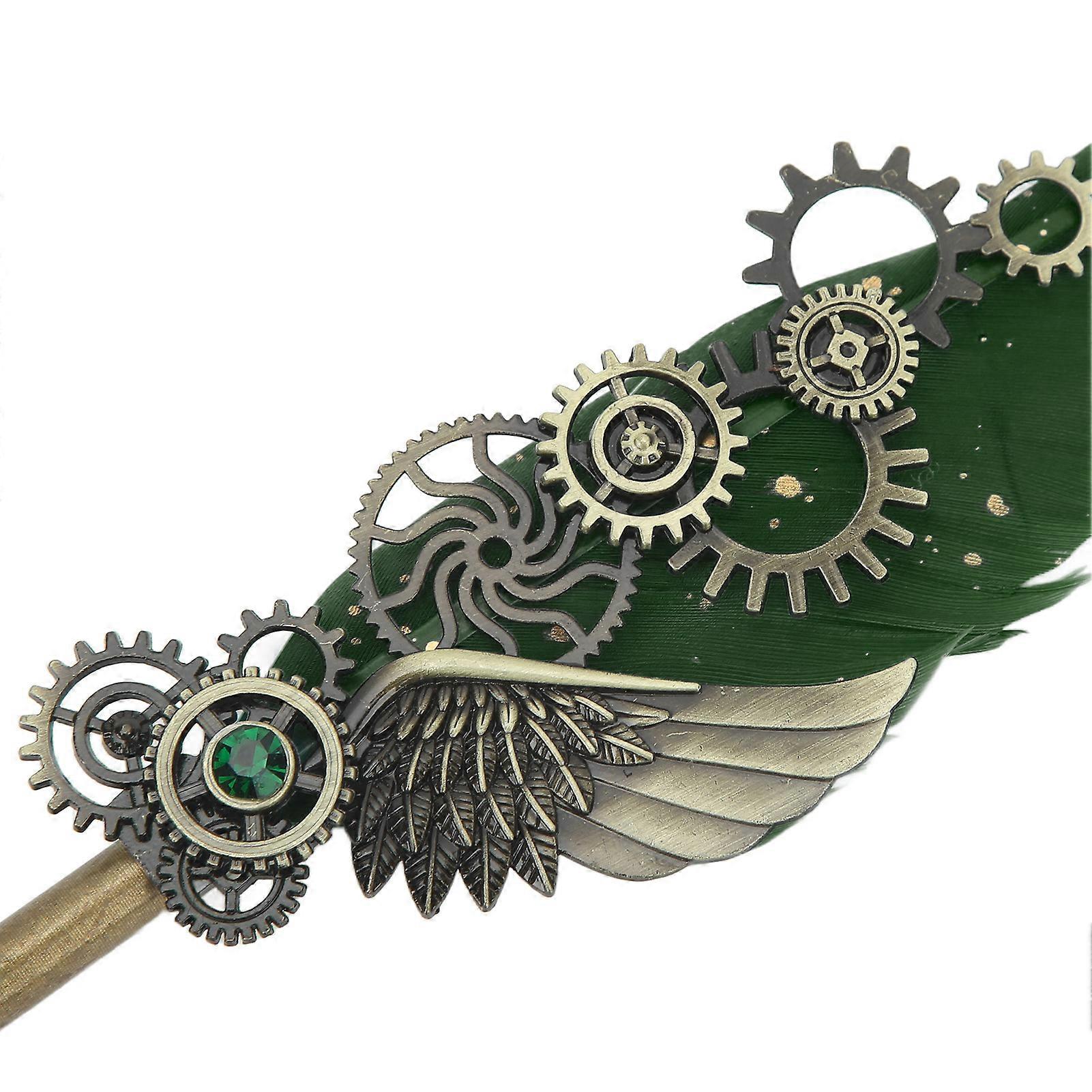 Retro Feather Pen Set Vintage Map Pattern Quill Pen Set with 5 Replacement Nibs Pen Stand Base Ink Empty Bottle for Writing Green