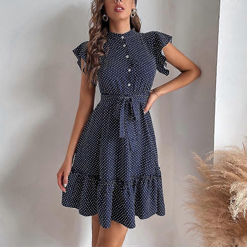 Ladies Temperament Polka Dot Ruffle Sleeve Dress Summer Tie Waist Drawstring A-Line Skirt