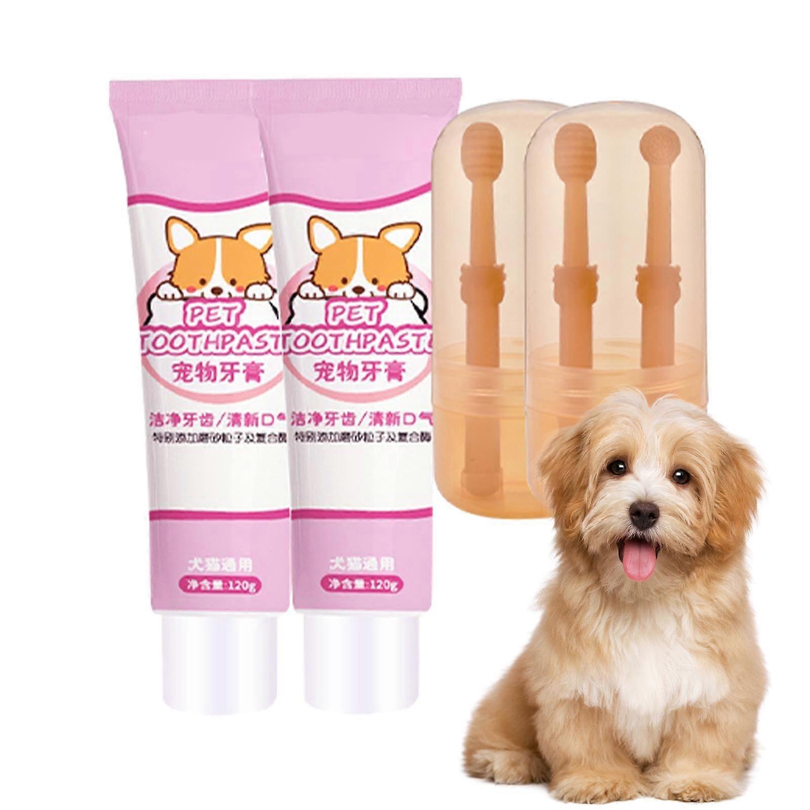 Puppy Toothpaste and Brush Kit - 360 Degree Small Dog Toothbrush Set with Double Head and Tongue Scraper for Cats