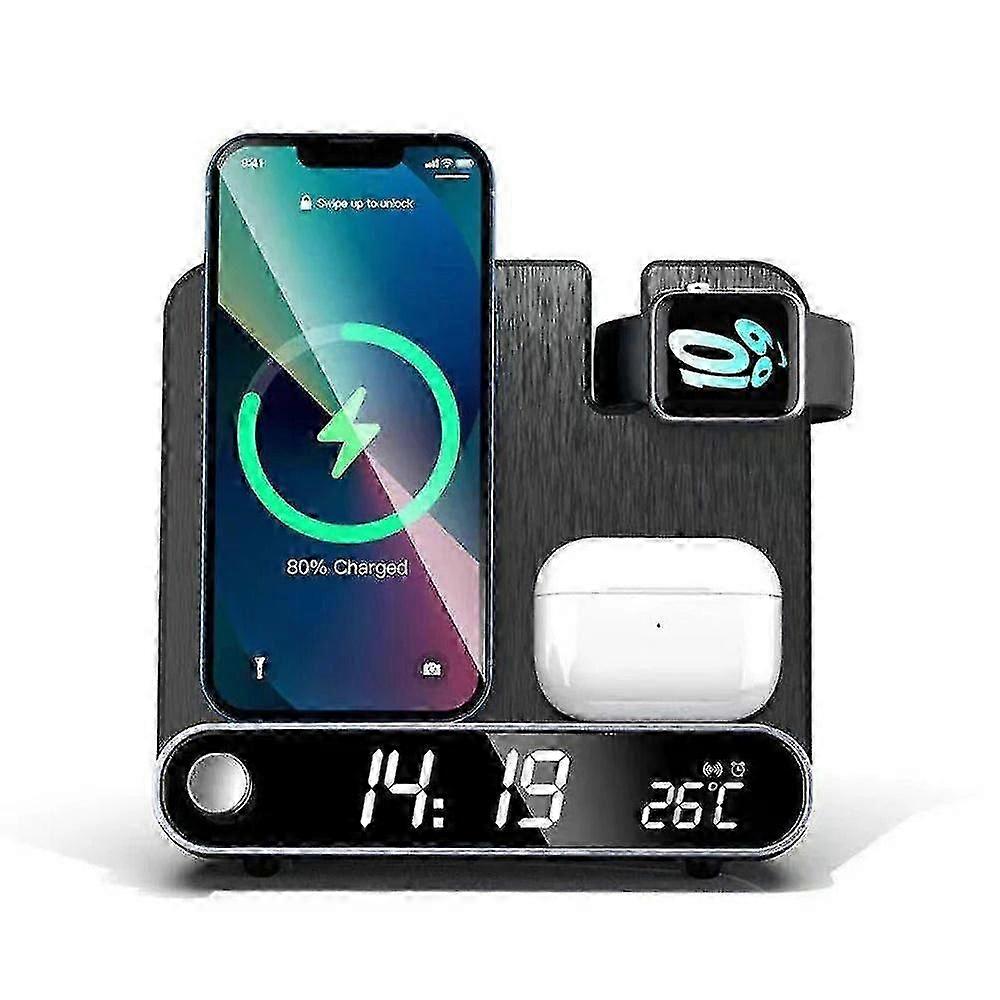 15W 3-in-1 Wireless Charging Station and Alarm Clock Compatible with Various Smartphones, Earbuds, and Smartwatches