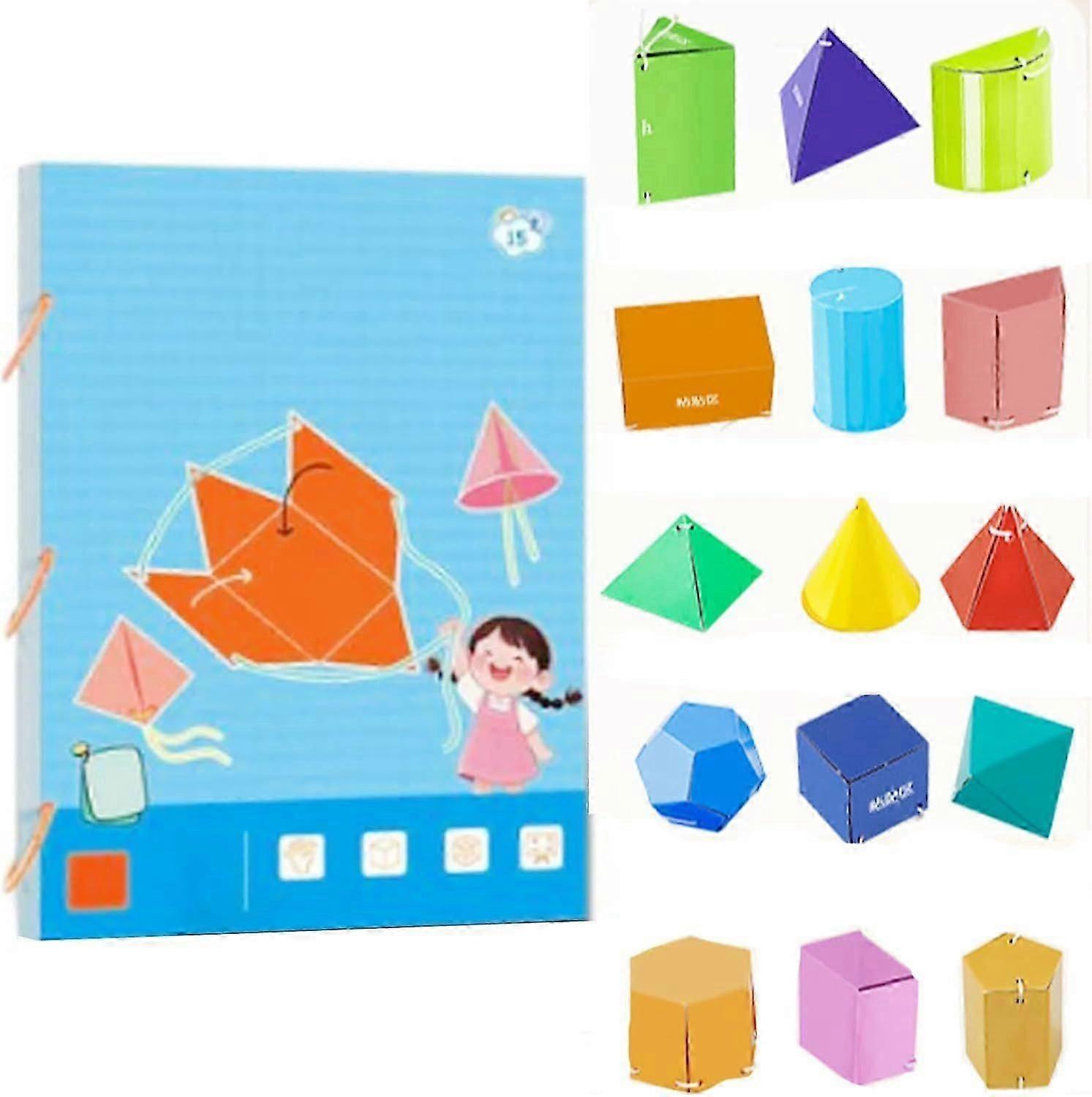 Pull String 3D Geometry Learning Book, Interaktives Pull-String Geometry Learning Kit mit Pop-up-Modellen, Volumen- und Flächenerkundung, 15 Modelle