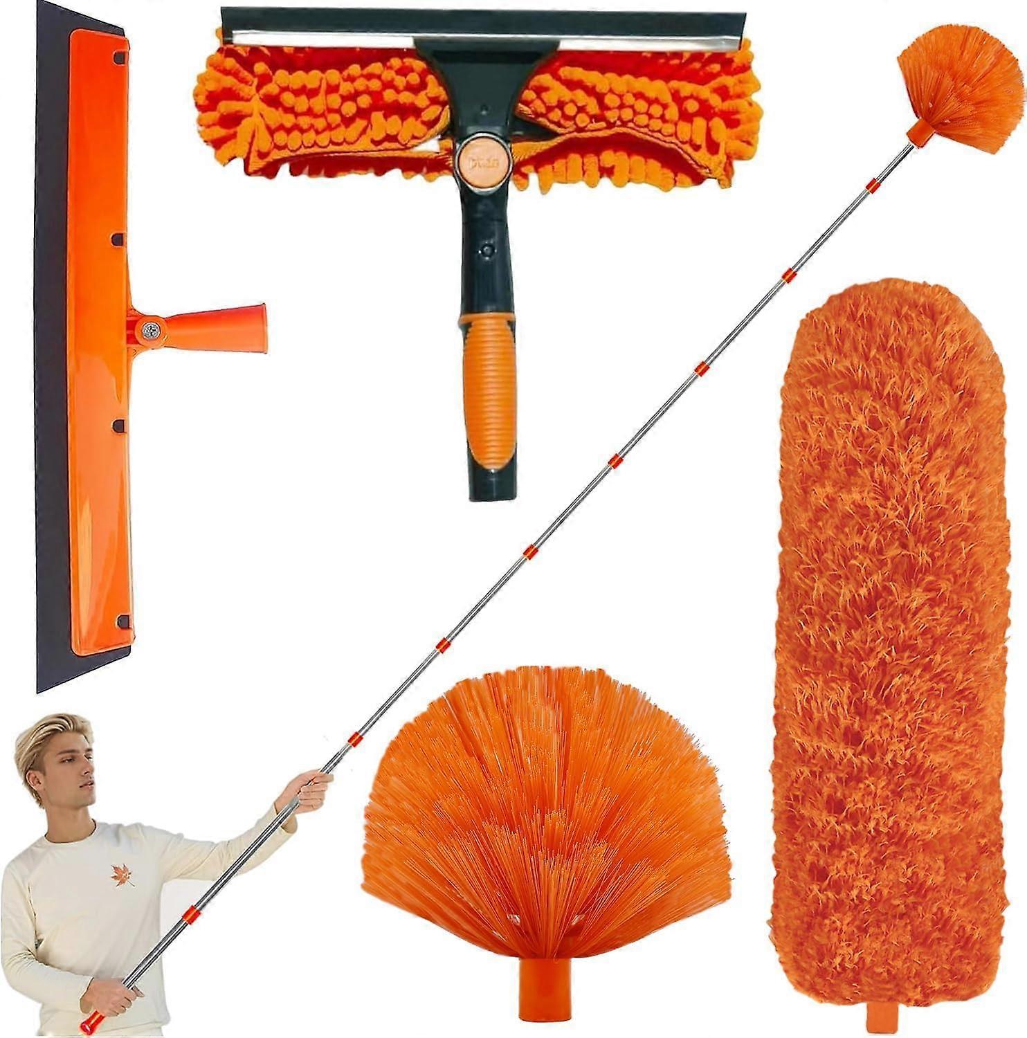 Cobweb Duster With Telescoping Pole, 20-Foot High Reach, Window Squeegee Scrubber, Orange