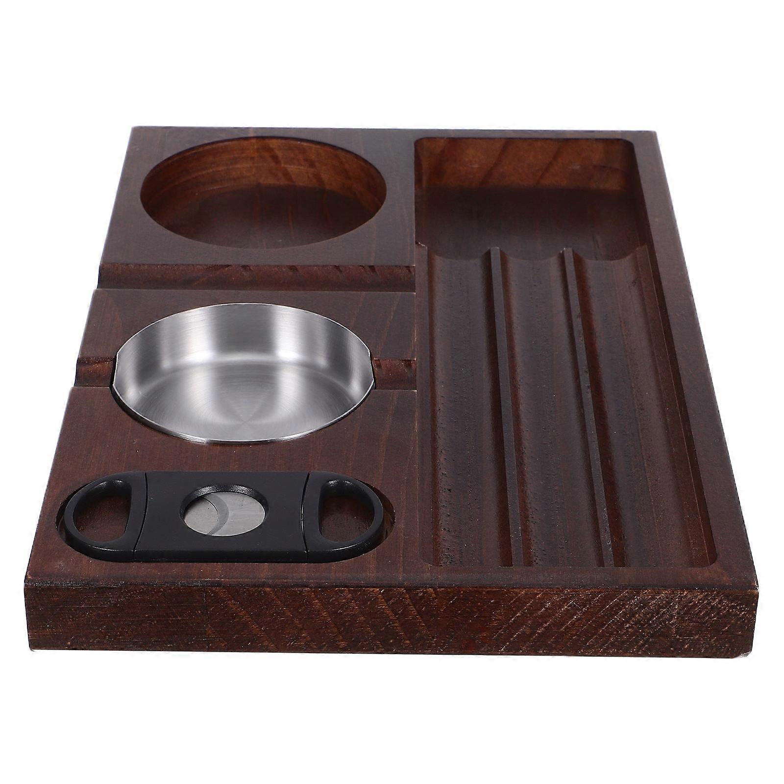Wooden Cigar Ashtray with Whiskey Glass Slot and Cigar Holder – Smooth Surface, Natural Wood Finish, Easy Cleaning Smoking Accessory for Indoor