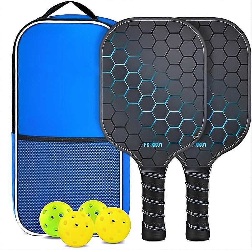 Pickleball Paddle Set of 2 Fiberglass Surface, with Balls & Carry Bag, Lightweight Rackets for Men, Women & Beginners(Blue)