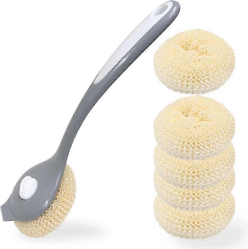 Long Handle Dish Scrubber with 5 Replacement Heads (Gray)
