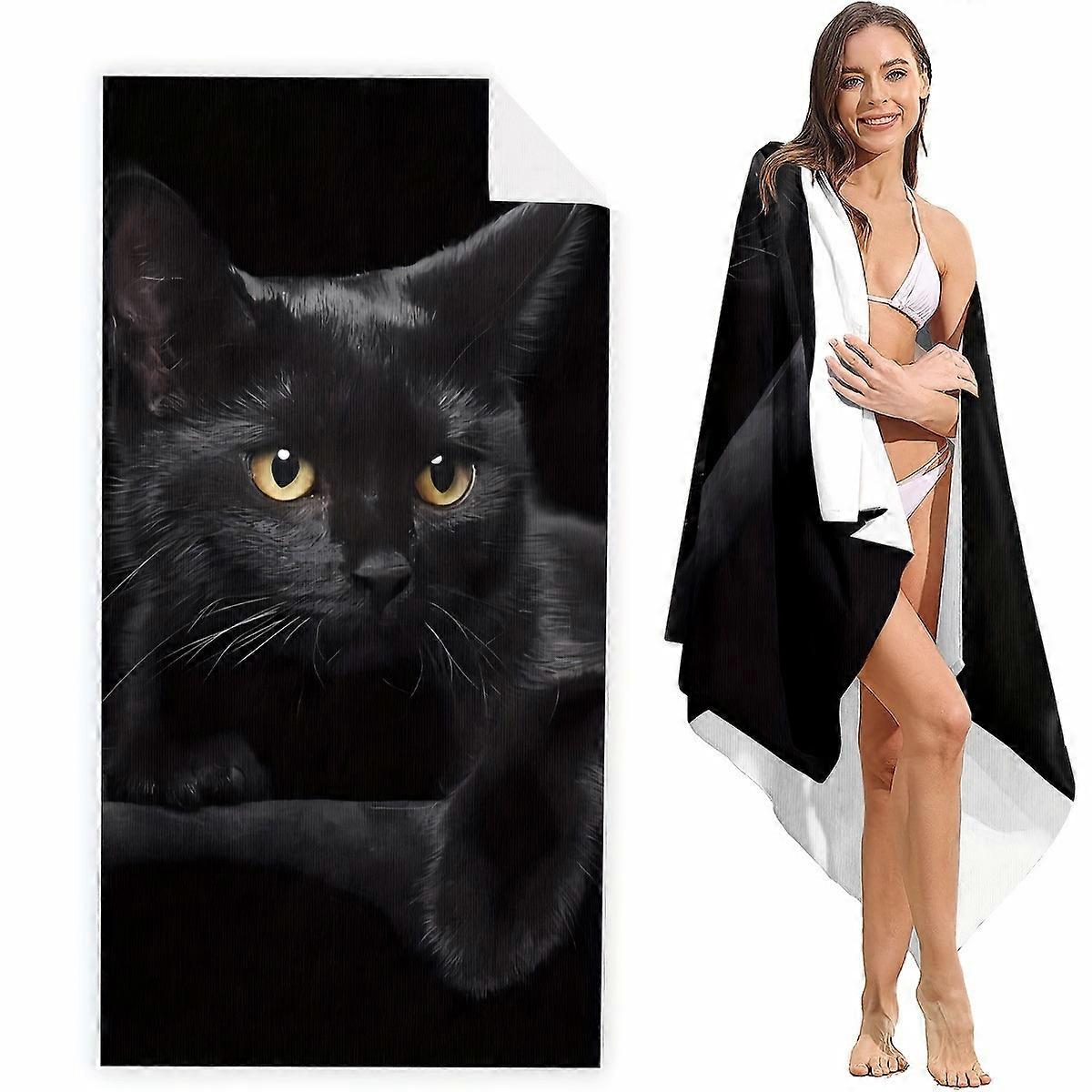 Women's lightweight rectangular beach towel with cool black cat pattern, windproof and quick-drying bath towel