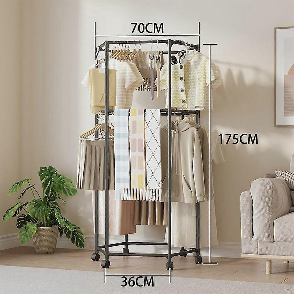 Double Layer Hexagonal Rotating Floor Coat Rack Portable Clothes Hanger Drying Stand with Wheels for Dorm Organization