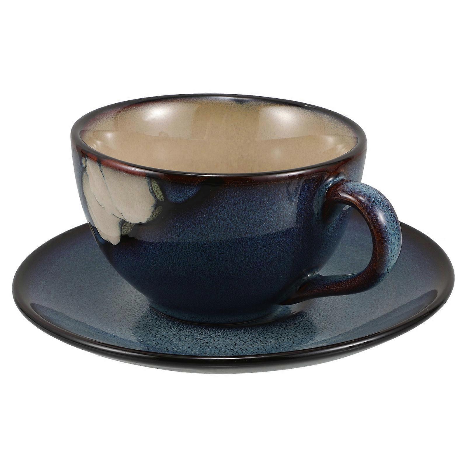 Elegant Japanese Style Ceramic Coffee Mug With Saucer Set Small Tea Cups Blue Color For Casual Gatherings 1Set