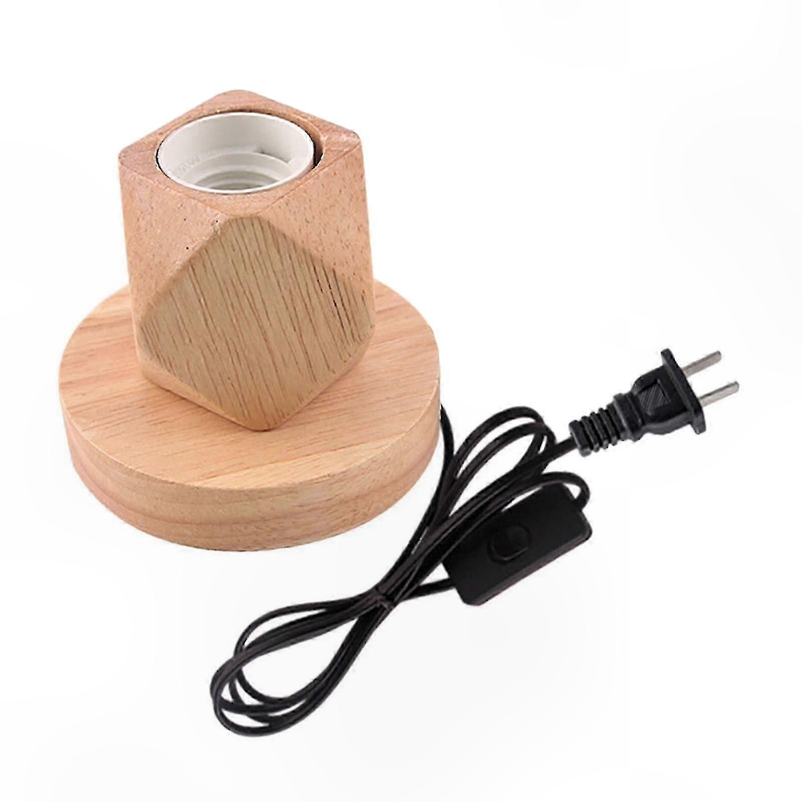 E27 Wooden Table Lamp with Plug, Rustic Nightlight for Bedroom Decor, Reading Desk Light Socket Holder