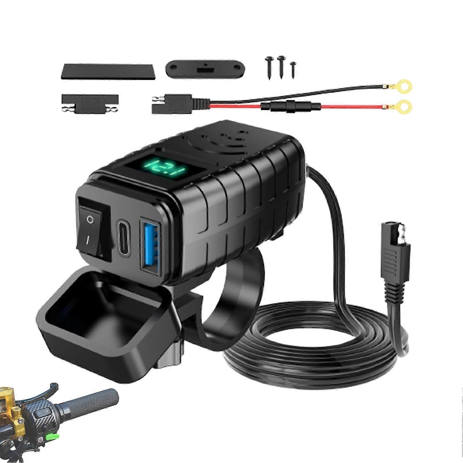 Motorcycle Phone Charger PD 3.0 USB, Voltmeter, On/Off Switch, Dual USB Socket, For Phone Tablet Camera, Green Screen