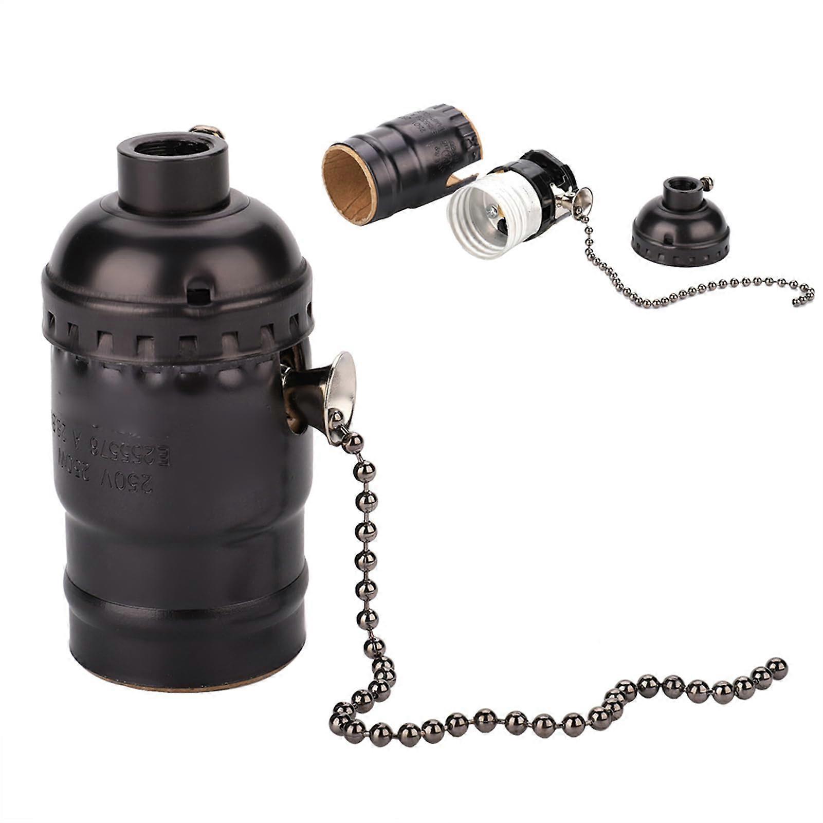 E27 Lamp Holder With Pull Chain, 7cm Aluminum Vintage Socket, Black Desk Table Light Fixture, E27 Screw Base