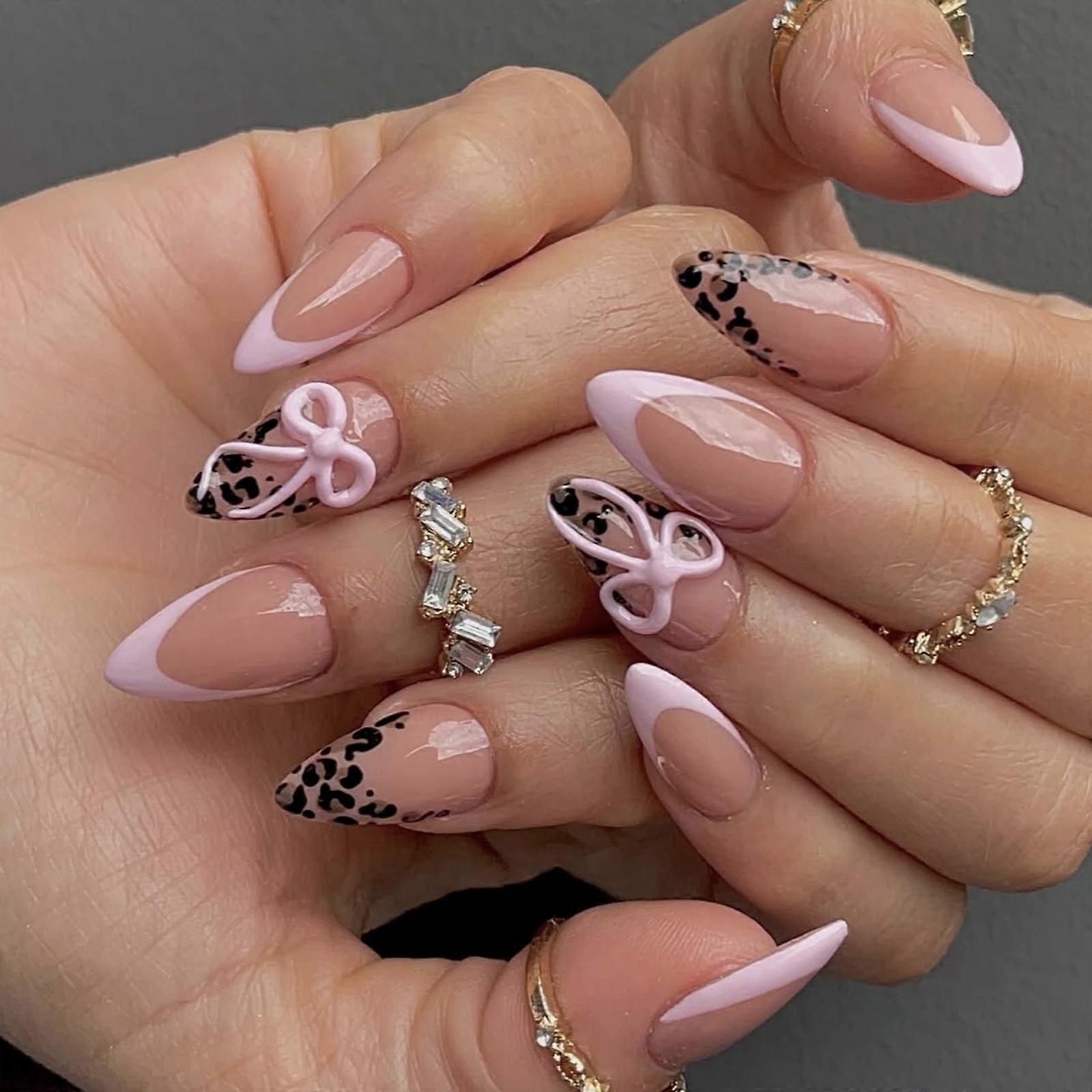 Trendy Artificial Nail With Leopard Print 3D Bows Detail Breathable ABS Material Quickly For Travel Daily Use Multicolor