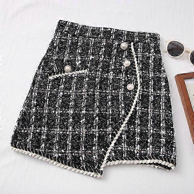 Women's Tweed Mini Skirt, Solid Color High Waist Skirt with Button Detail for Spring