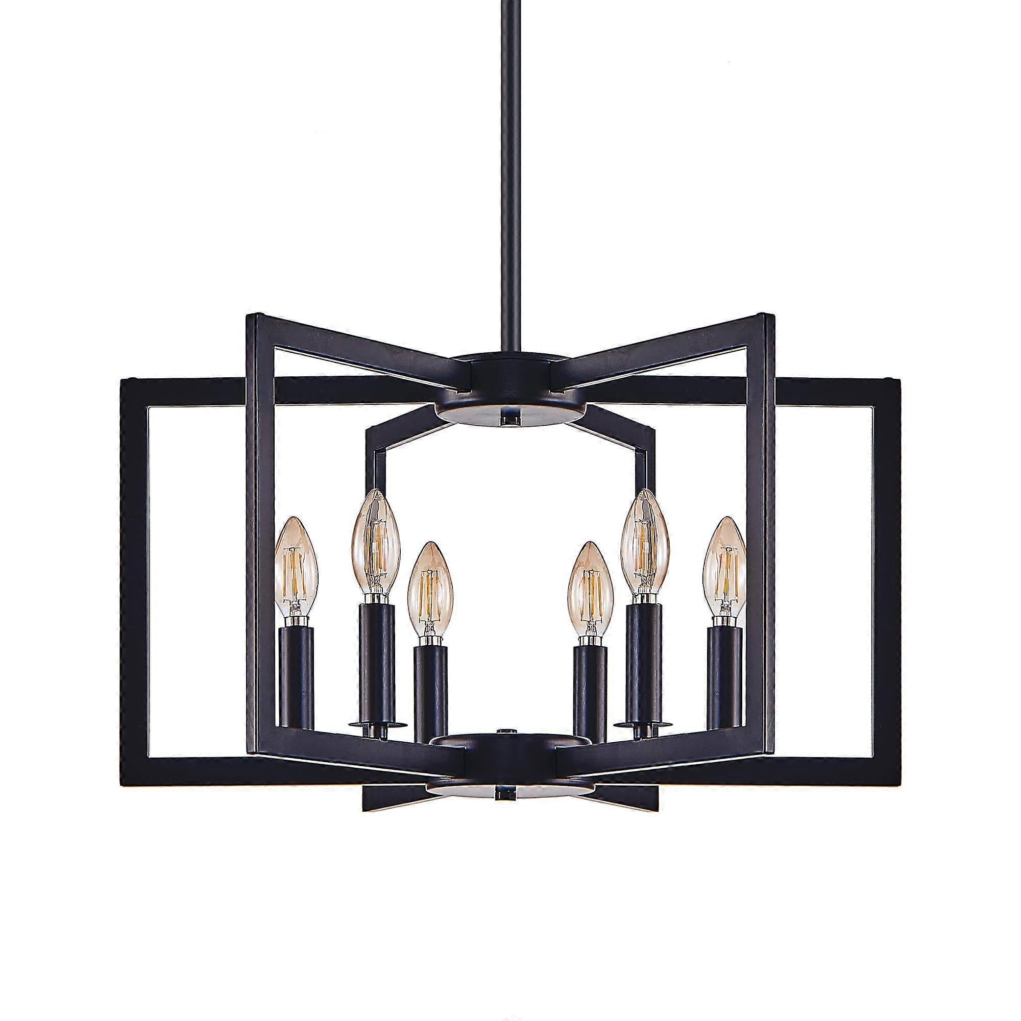 Modern Black Geometric Chandelier 6 Light with Adjustable Height, Square Frame for Dining Room