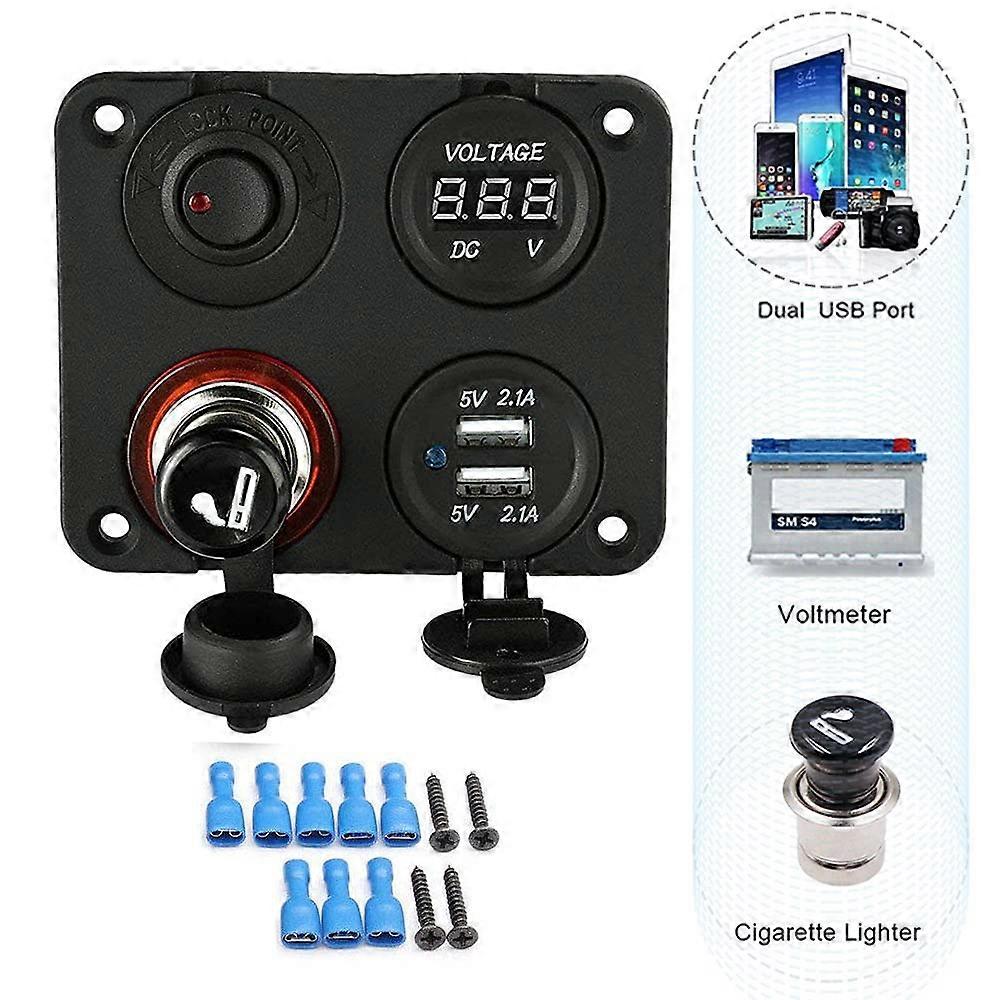 Boat Car Switch Panel 12V Outlet Socket Blue LED Voltmeter Dual USB Charger For Car RV Marine Tr Product A