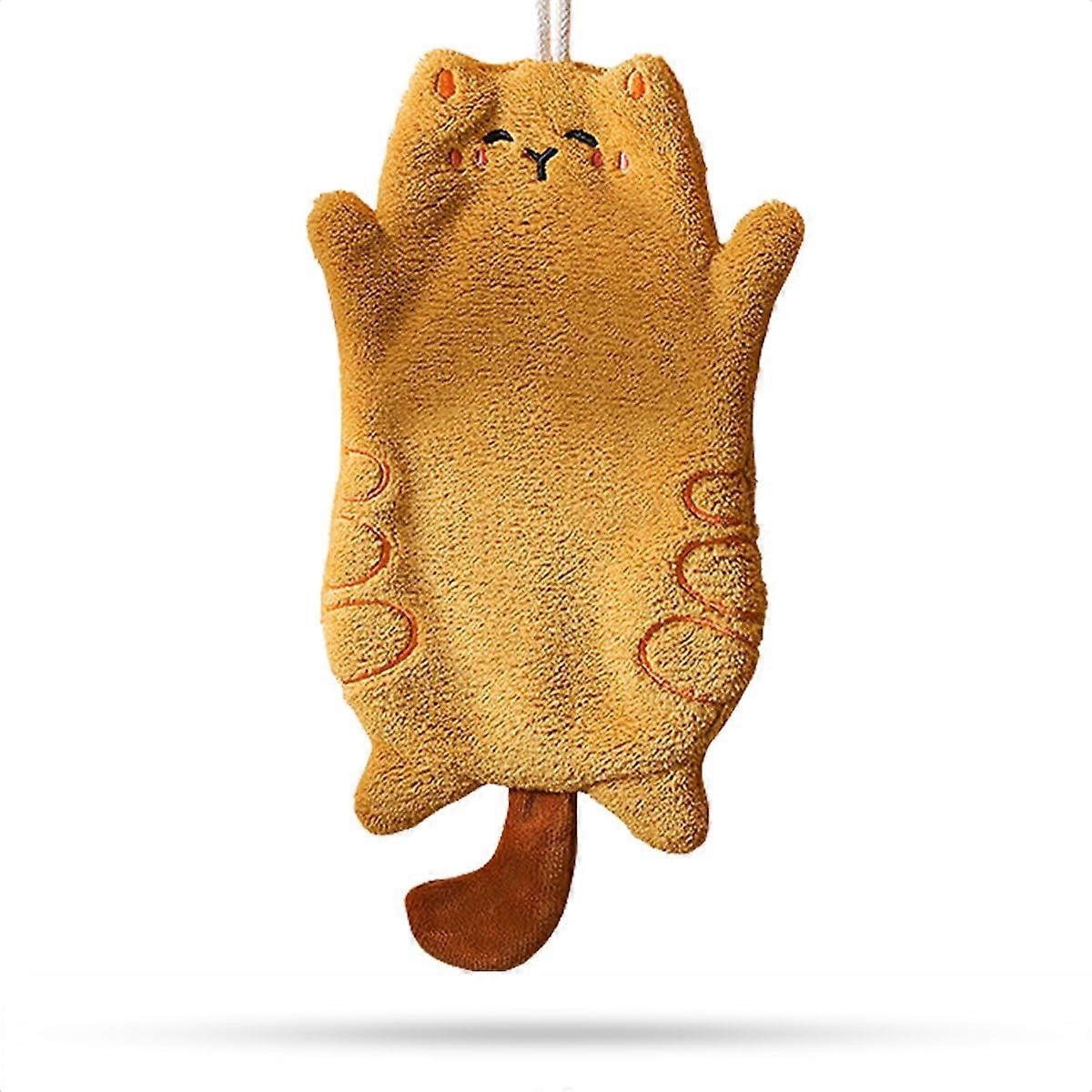 Cute Cat Hand Towel with Hanging Loop, Soft Microfiber Bathroom Towel for Kids, Turmeric 5.9'x9.8'