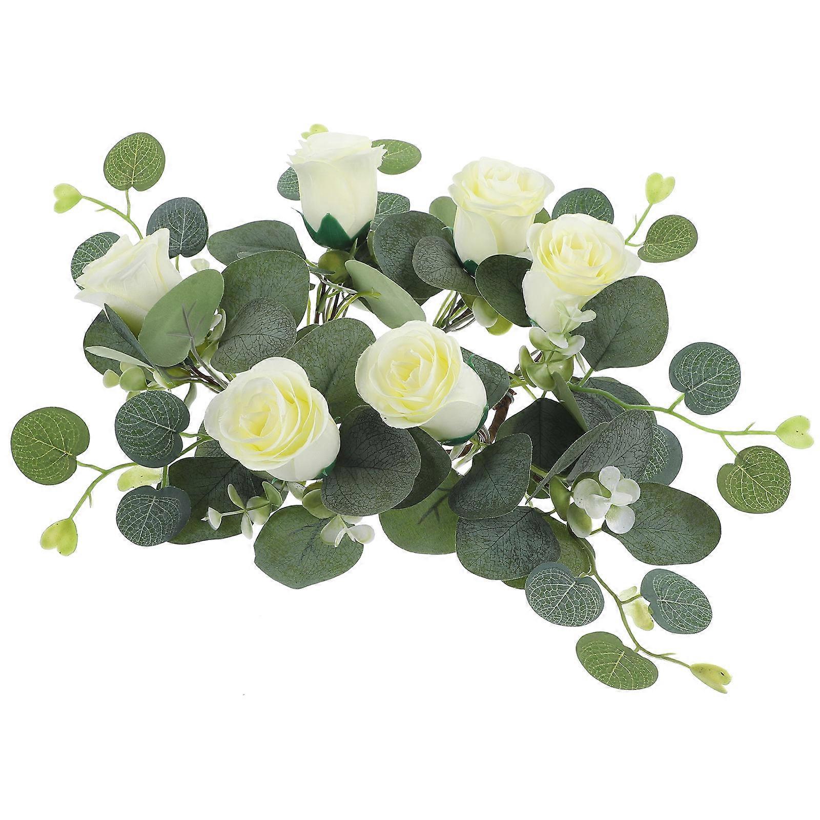 White Artificial Flower Candle Ring Wreath for Decor Silk Rose