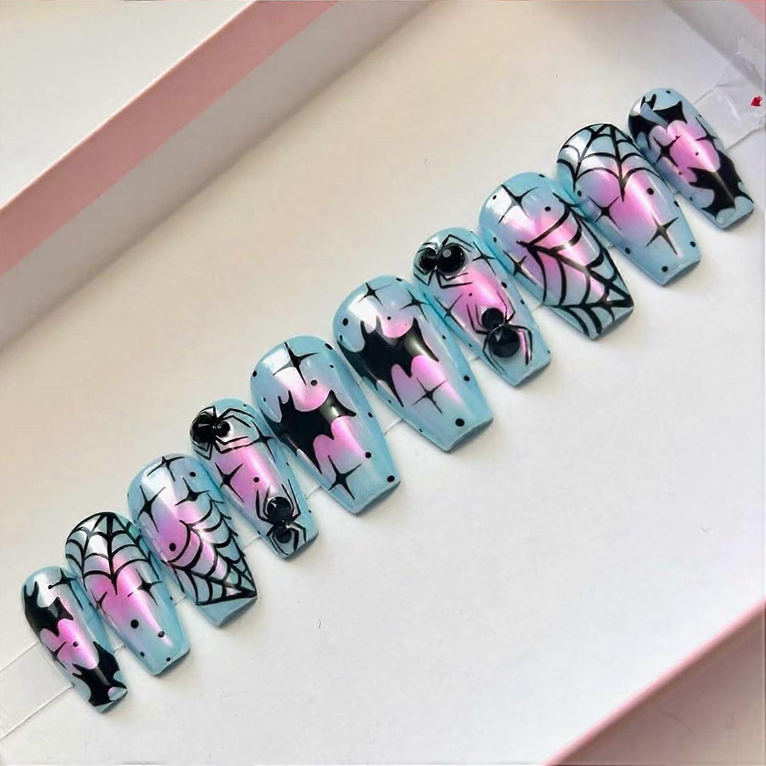 Halloween Press On Nails 30pcs Medium Square 3D Bat and Spider Web False Nails Reusable Acrylic Set