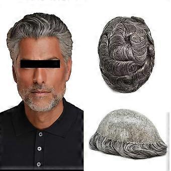 Mens Toupee Human Hair Replacement System 0.1mm PU Injection Thin Skin 7x9in Dark Brown Gray