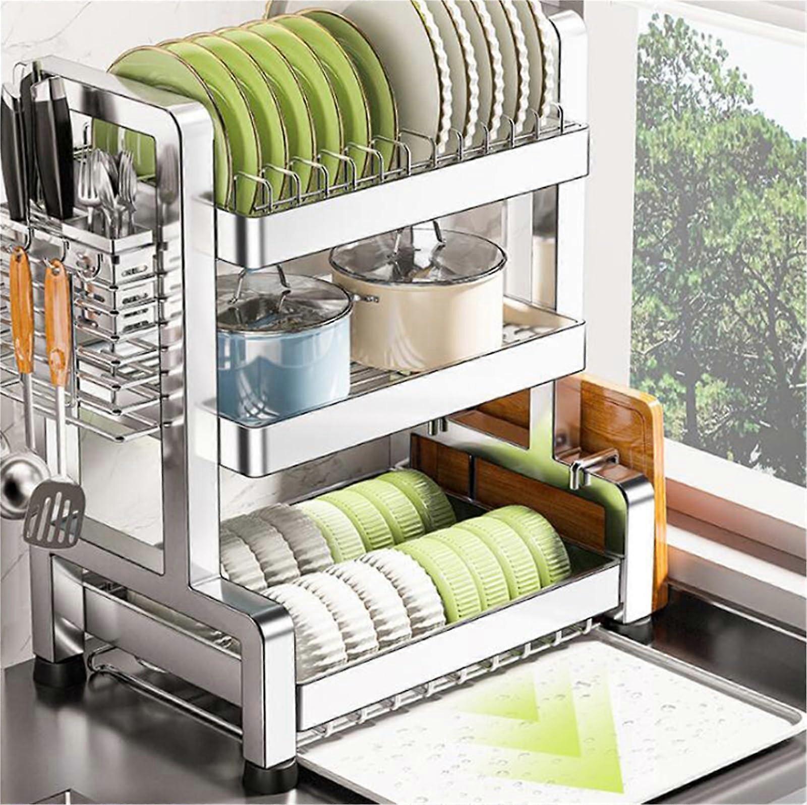 Large 3Tier Stainless Steel Dish Drying Rack for Kitchen Counter SpaceSaving Storage Organizer