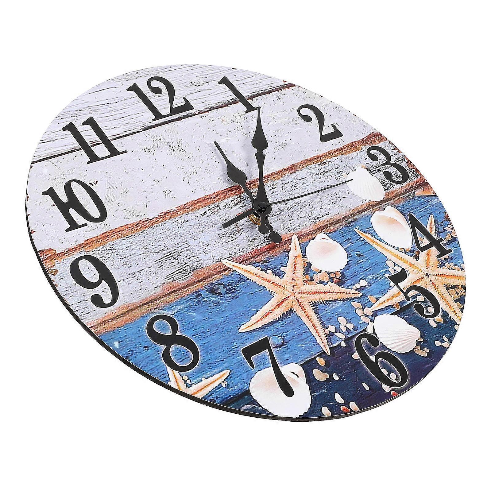 Wooden Beach Theme Wall Clock for Decoration Silent Seashell Pattern Clock