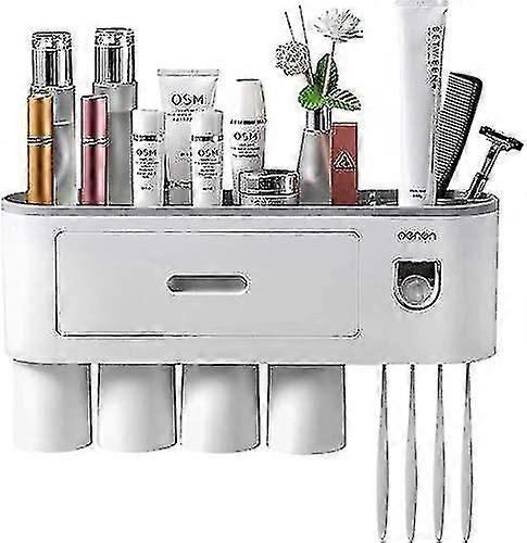 Automatic Toothpaste Dispenser Wall Mounted Squeezer Kit With Toothbrush Holder, 4 Toothbrush Slots, Multi-function Toothbrush Organizer (4 Cups)