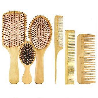 6 in 1 Hair Brush Comb for Men Women Handle Bamboo Bristle Hairbrush Set with Tail Comb, Tooth Comb, Double Head Comb