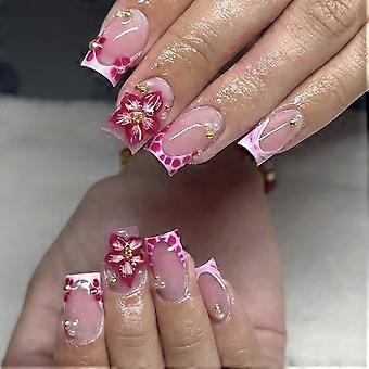 Set mit künstlichen Nägeln zum Aufkleben im French-Tip-Stil mit floralem Design, rosa Quadratmuster mit 3D-Blumen- und Perlenverzierung, 24 Stück in 12 Größen, ABS-Kunstnägel, mehrfarbig