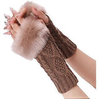 2 Pairs Furry Arm Warmers Fingerless Gloves Soft Fluffy Knitted Khaki Thumb Holes Gloves Winter Crochet Faux Fur Knitting Wrist