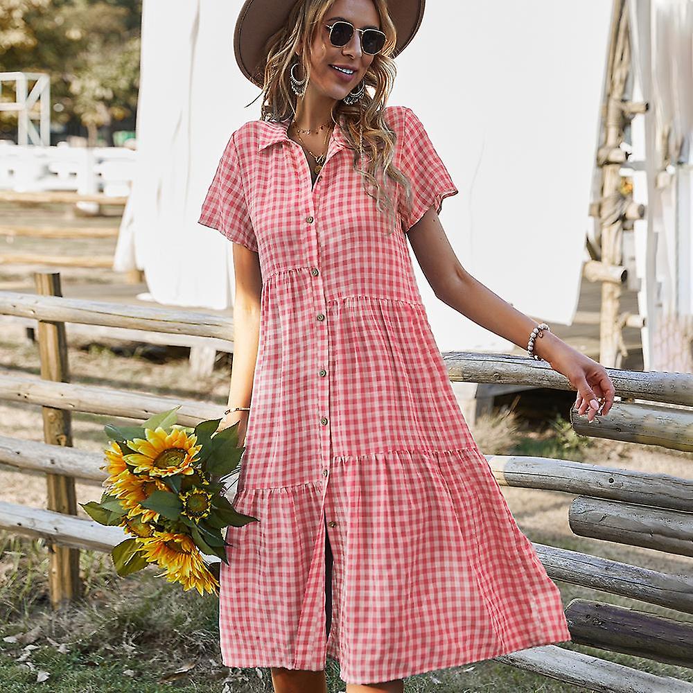 Spring Summer Plaid Shirt Women Short Sleeve High Waist Loose For Ladies  Leisure Medium Long Dress | Fruugo IE
