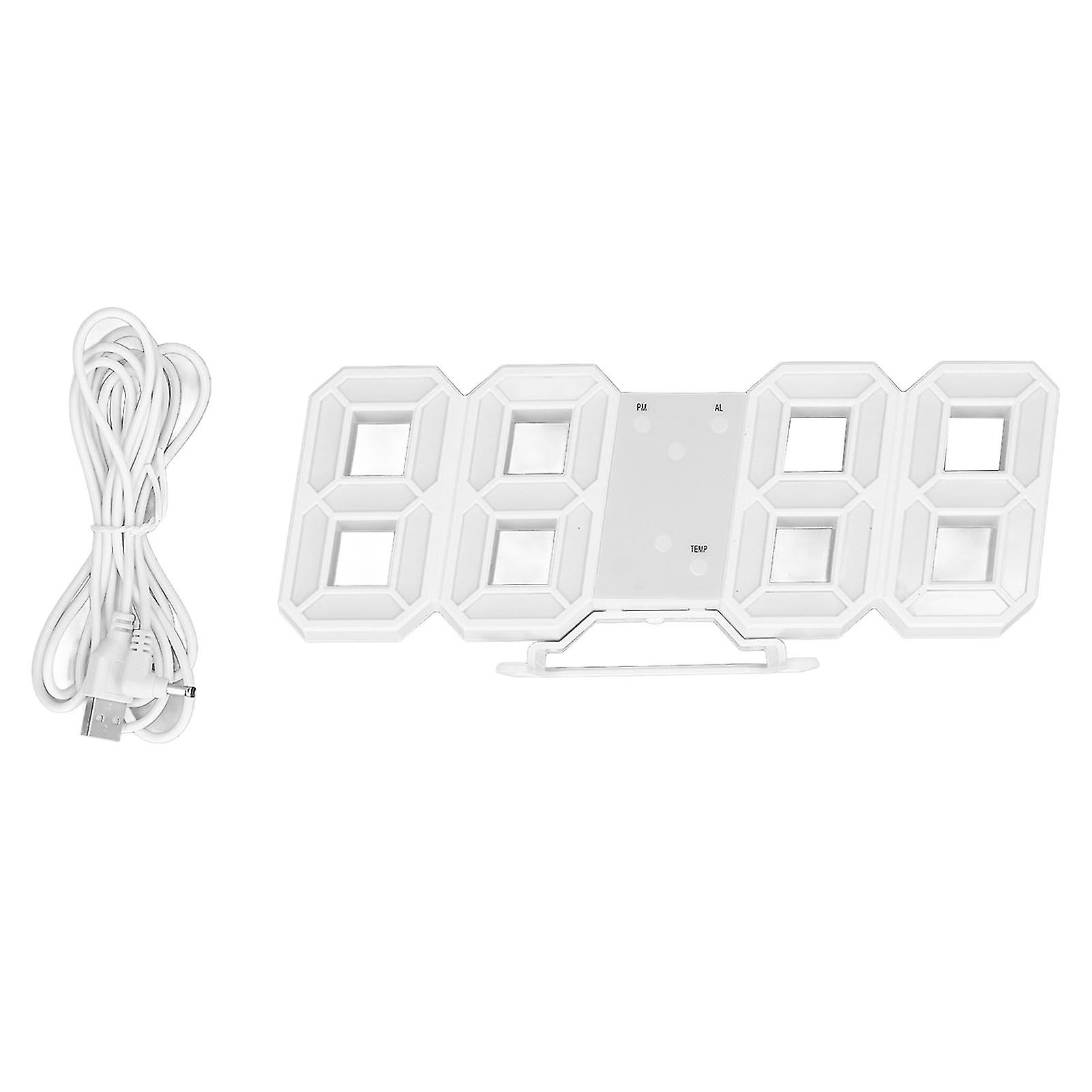Minimalist White 3D LED Wall Clock with Temperature and Alarm for Home or Office