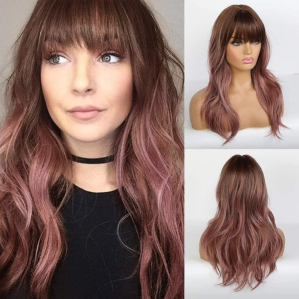 Long Wavy Wigs with Bangs Purple Pink