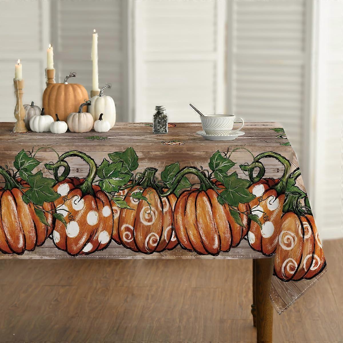 Fall Tablecloth 6060 Inch Square, Thanksgiving Autumn Harvest Orange Wood Plank Grain Pot Pumpkin Table Cover for Party Picnic Dinner Decor