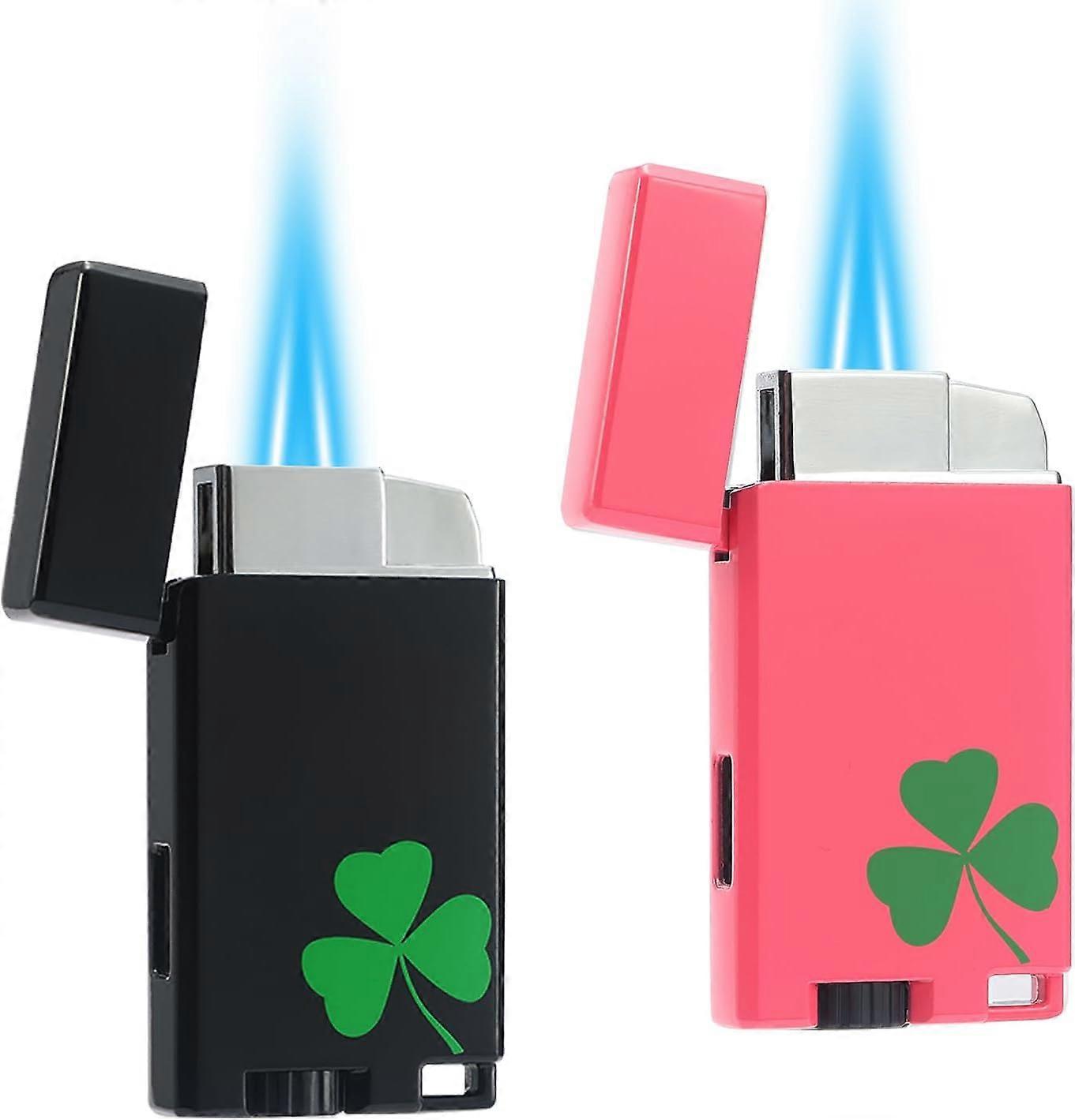 Cponmist Clover Double Jet Flame Mini Lighter with Keyhole, 2 Pack Butane Torch Lighter with Visible Window, Adjustable and Refillable, Perfect Lucky 