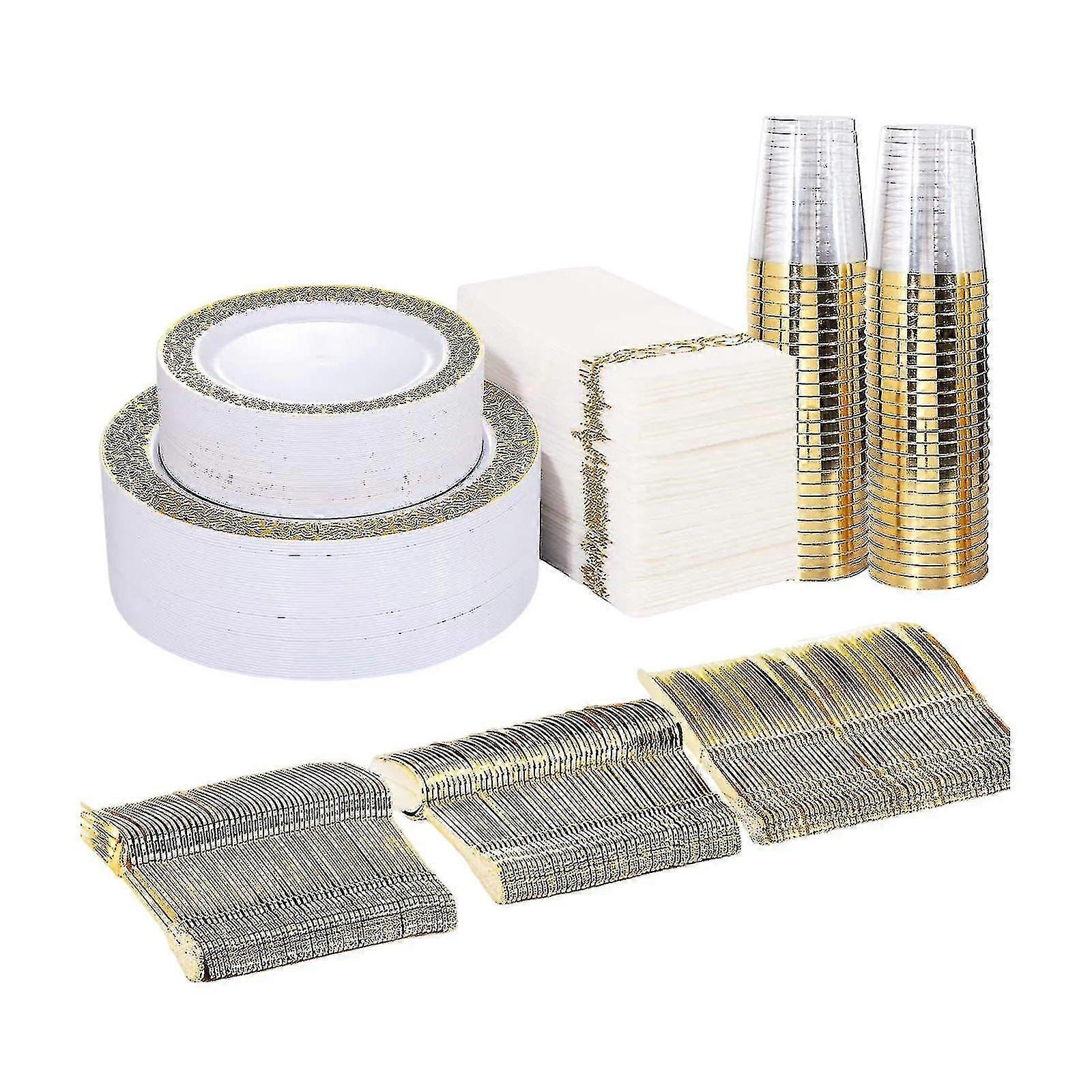 175x Disposable Tableware Plastic Plate For Catering Wedding Gold Rim