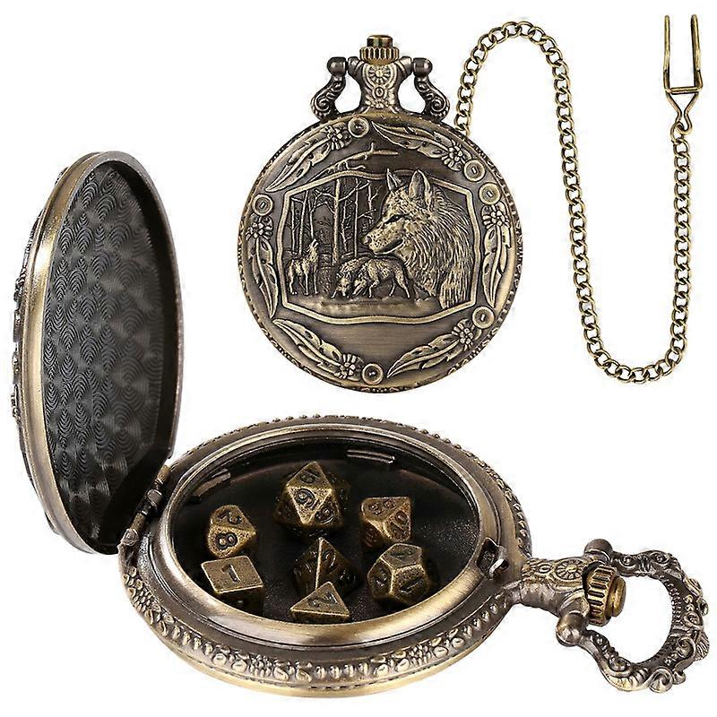Wolf Head Pocket Watch Case Dnd Dice Pocket Watch Case 7pcs Metal Polyhedral Table Game Dice Board Game Metal Dice Pendant Chain