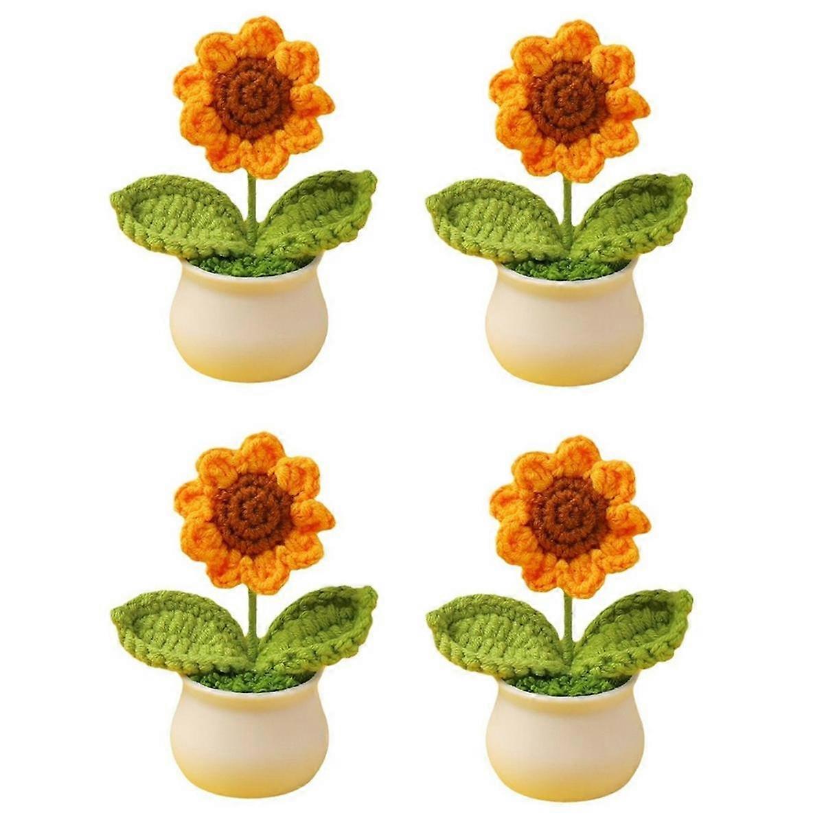 4PCS Mini horgolt napraforgó cserepes növények, hamis kötött napraforgó cseréppel kézzel készített autó ornamen