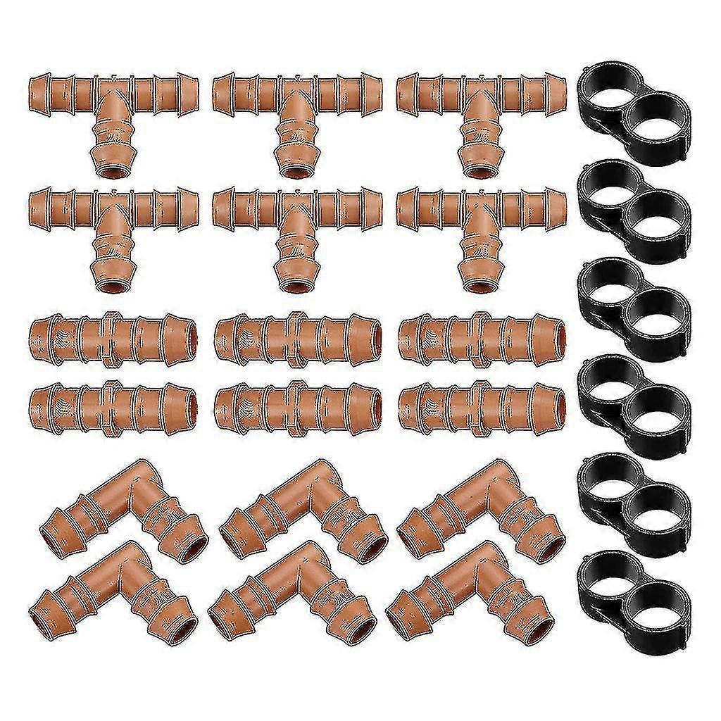 Drip Irrigation Fittings Kit 24 Pcs Tubing Fitting Set Includes 6 Tees 6 Couplings 6 Elbows And 6 End Cap Plugs Drip Irrigation Barbed Connectors For