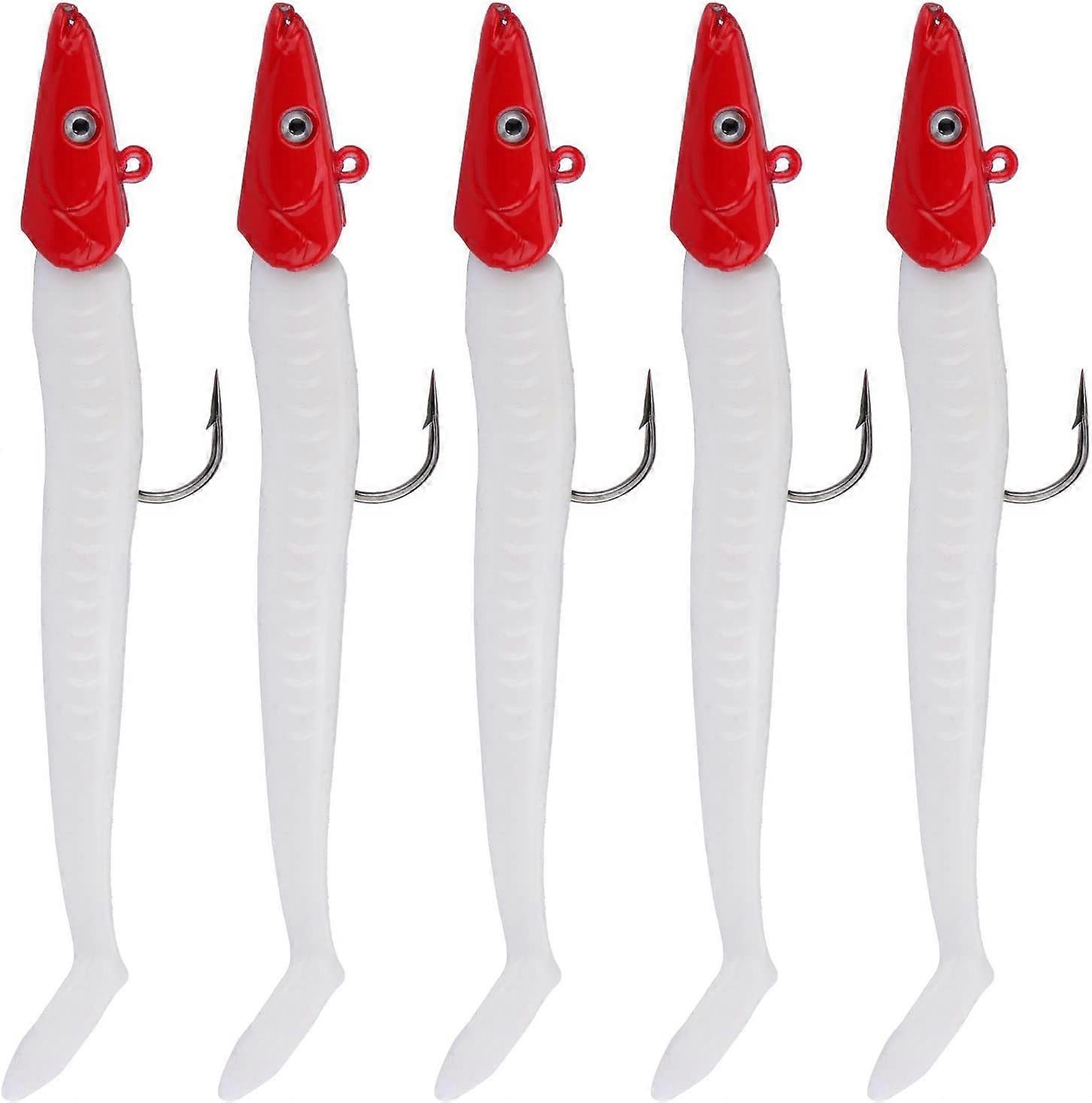 Fischkopf Typ Blei Haken Weichköder T Schwanz Weicher Fisch zweifarbiger Blei Kopf Köder Weichköder (5Pcs, weiß, rot)