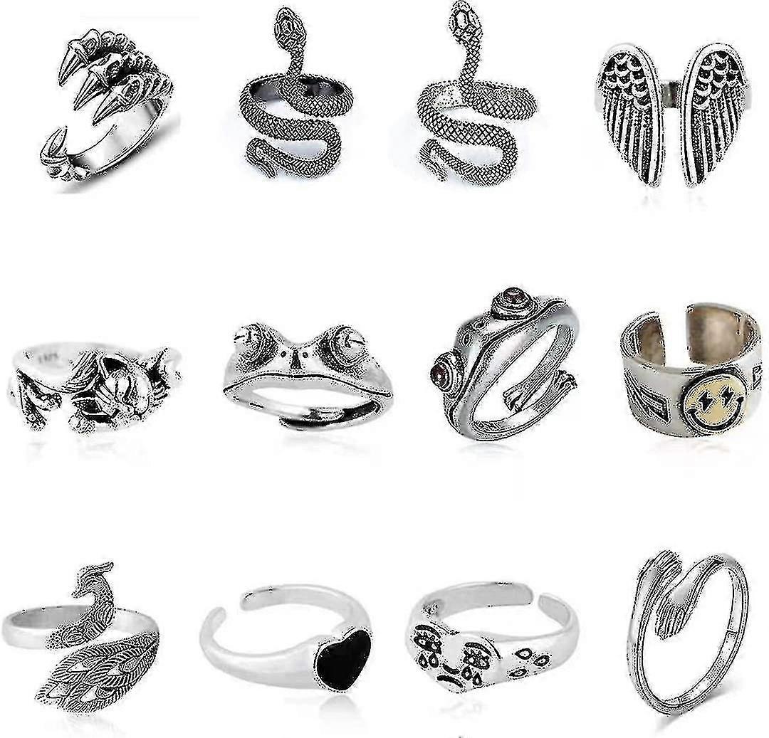 12 Pcs Silver Plated Frog Rings Set, Cute Animal Open Rings Pack