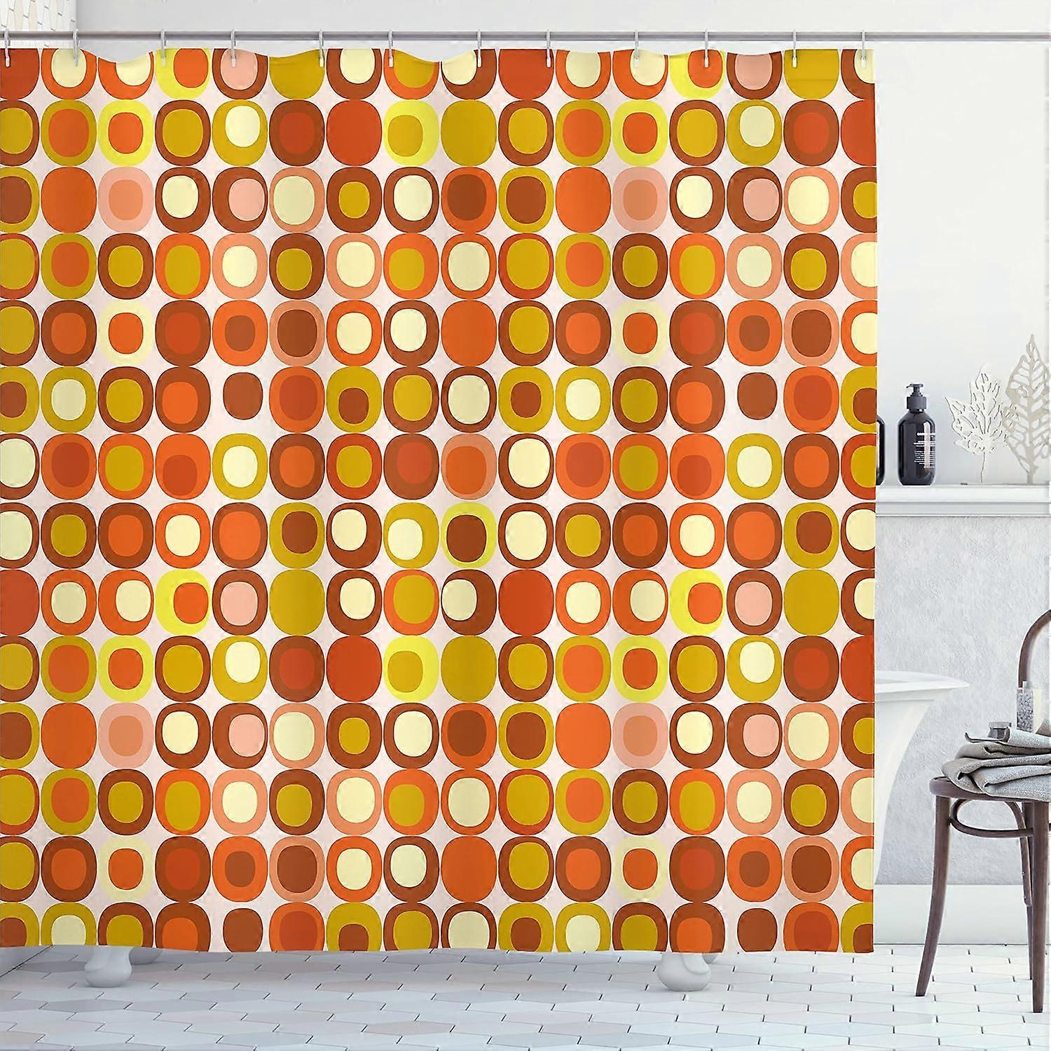 Mid Century Shower Curtain, Retro-Themed Styled Round Edged Mosaic Inspired Repeated Square Motif, Cloth Fabric Bathroom Decor Set with Hooks,Burnt Si