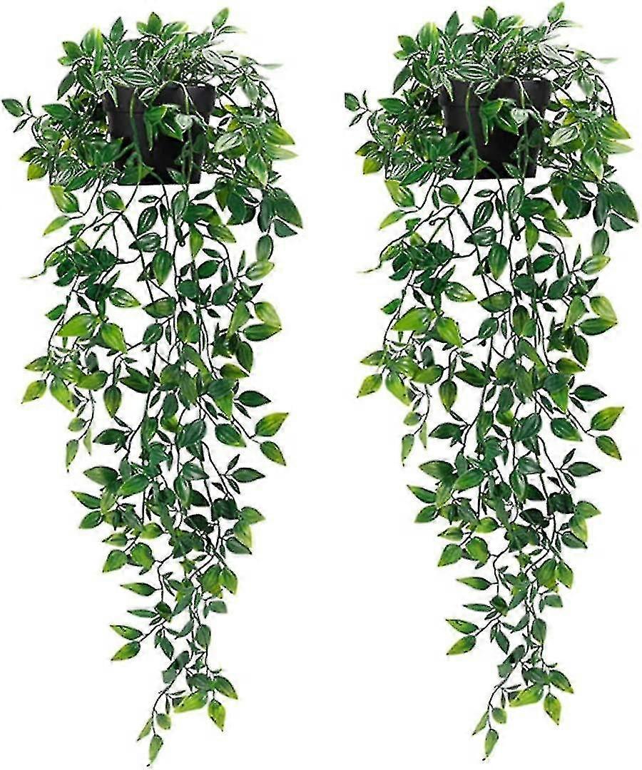 2パックの人工的な吊り下げ植物とポットフェイクアイビーの葉屋内と屋外のリビングルームオフィスガーデンデコラティのための装飾プラスチック鉢植えの緑