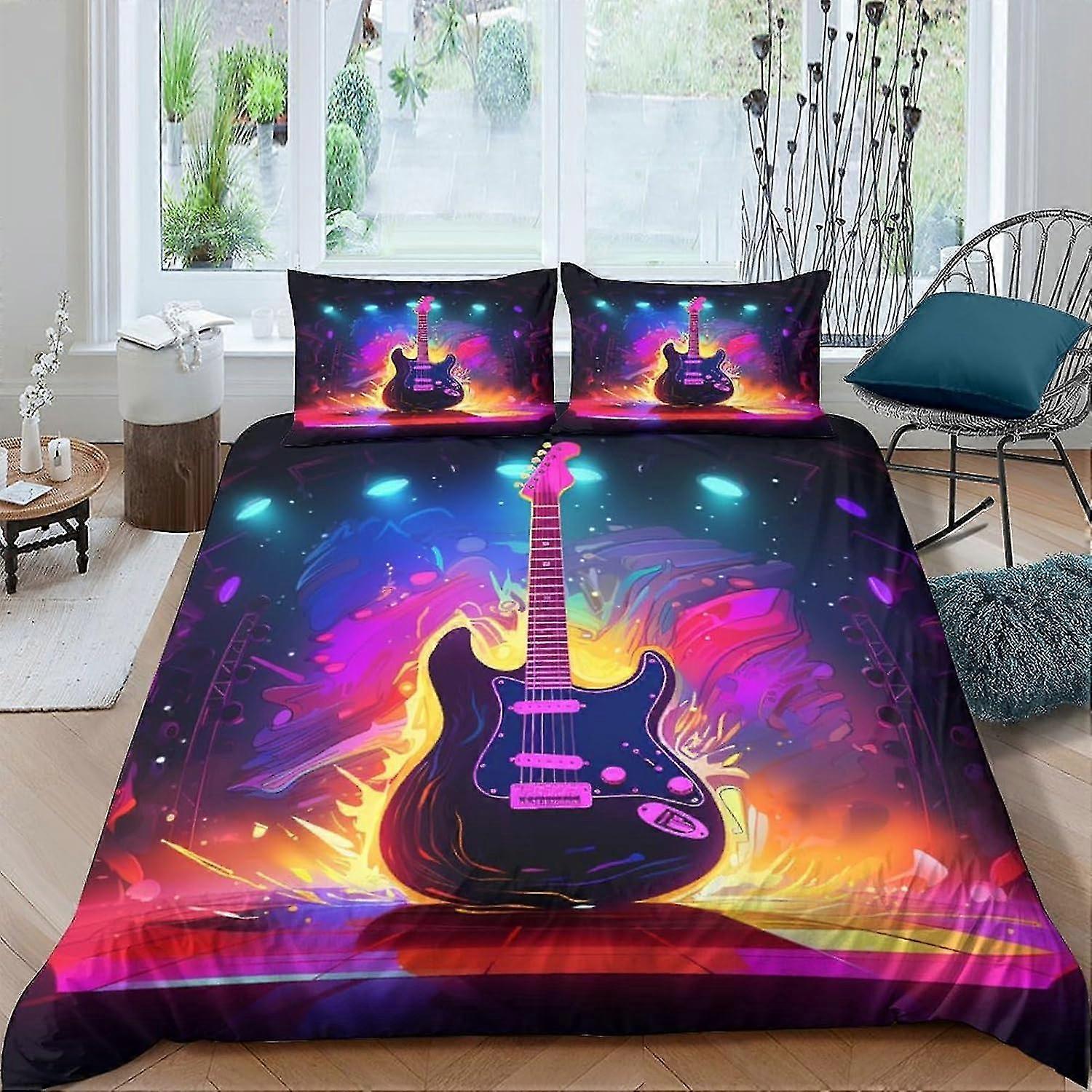 o4446 Lençóis Guitarra 3D Impresso Capa de Edredom de Microfibra Macia Capa de Edredom de Microfibra Macia Qualidade do Hotel com Fecho Zipeer Lençóis de Cama Dupla fVV