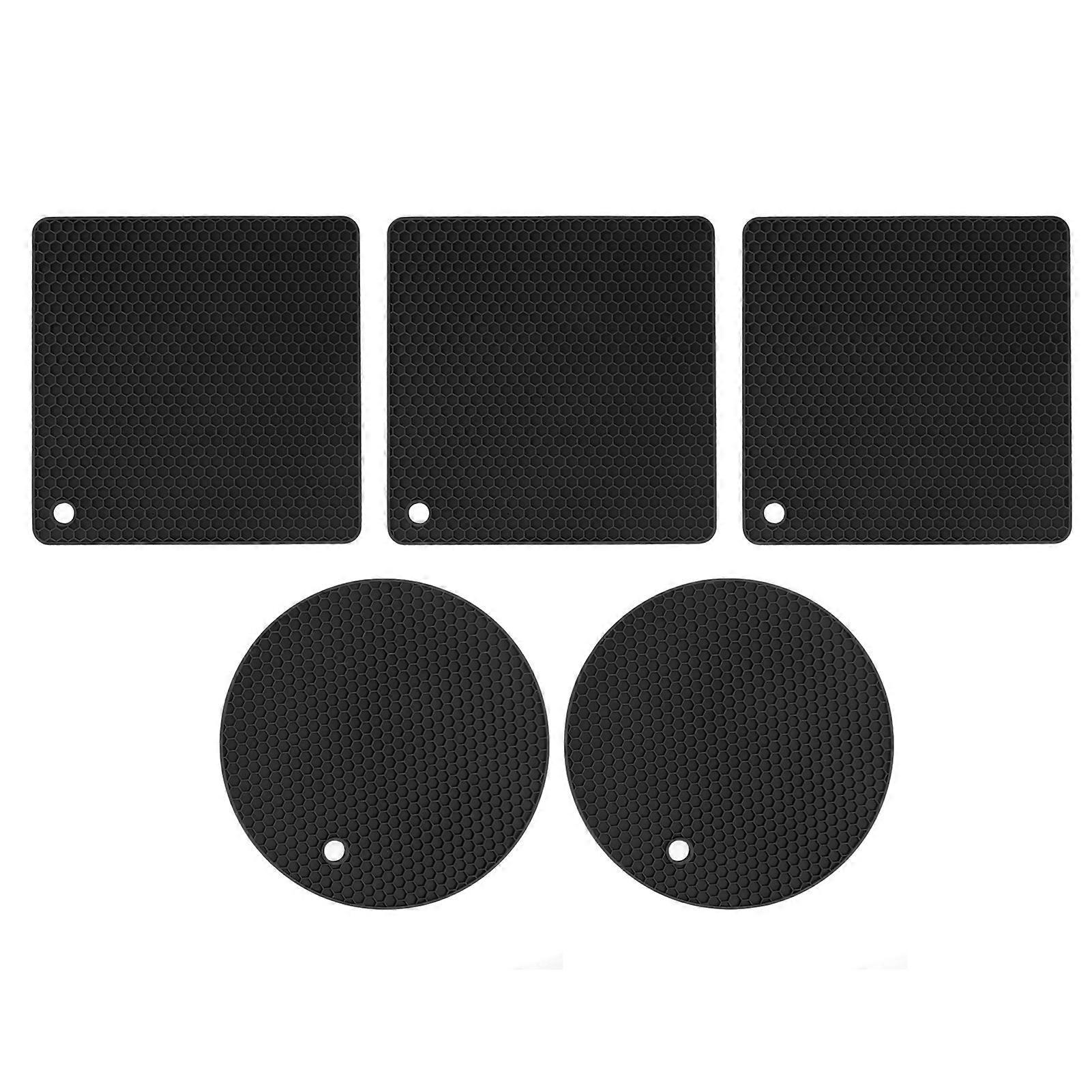 5 PCS 2 Round 3 Square Silicone Honeycomb Mat Multipurpose Hot Pads for Hot Dishes Tables Black