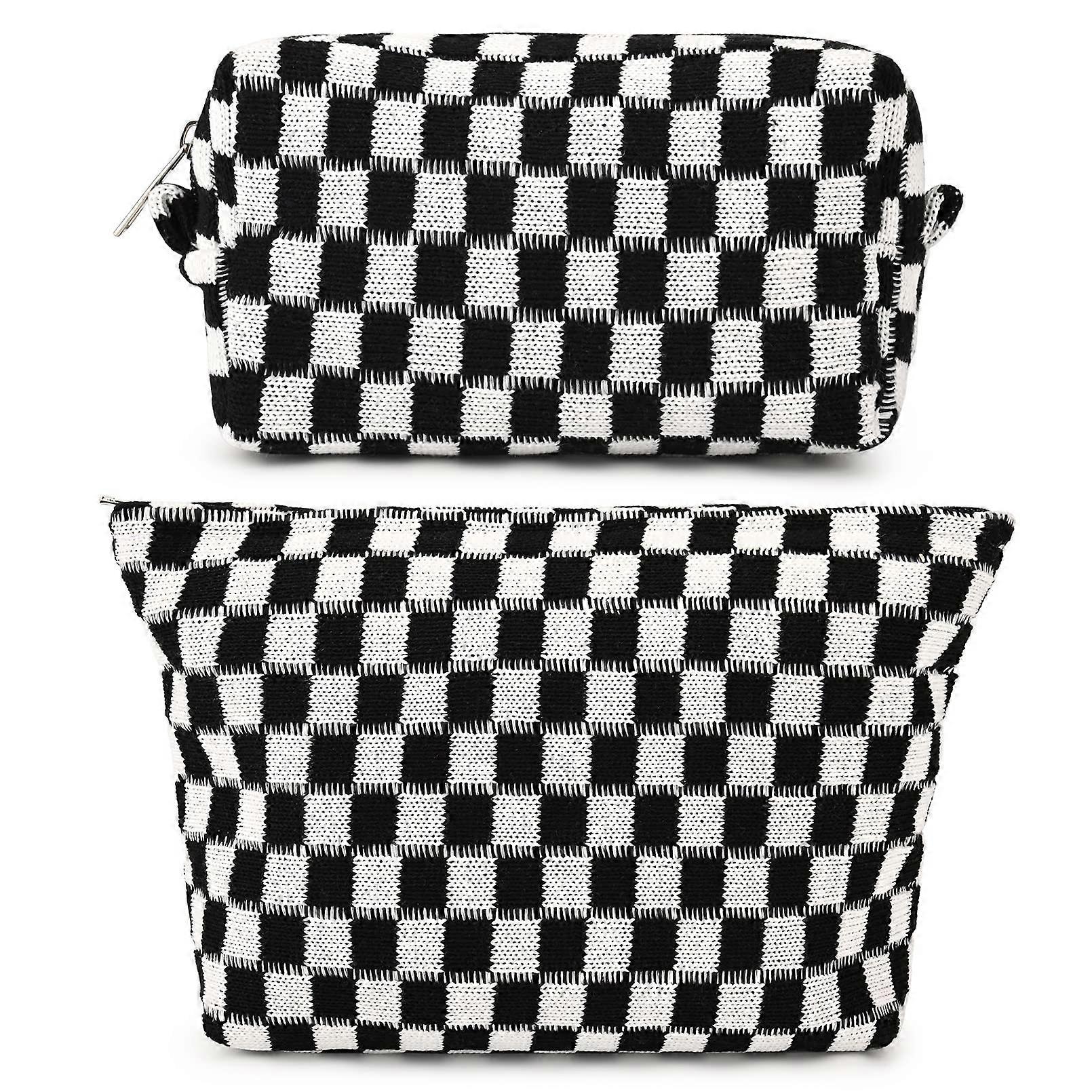 Black Checkered Makeup Bag Set for Travel - 2 Pieces, Durable Material, Compact Size, Stylish Design
