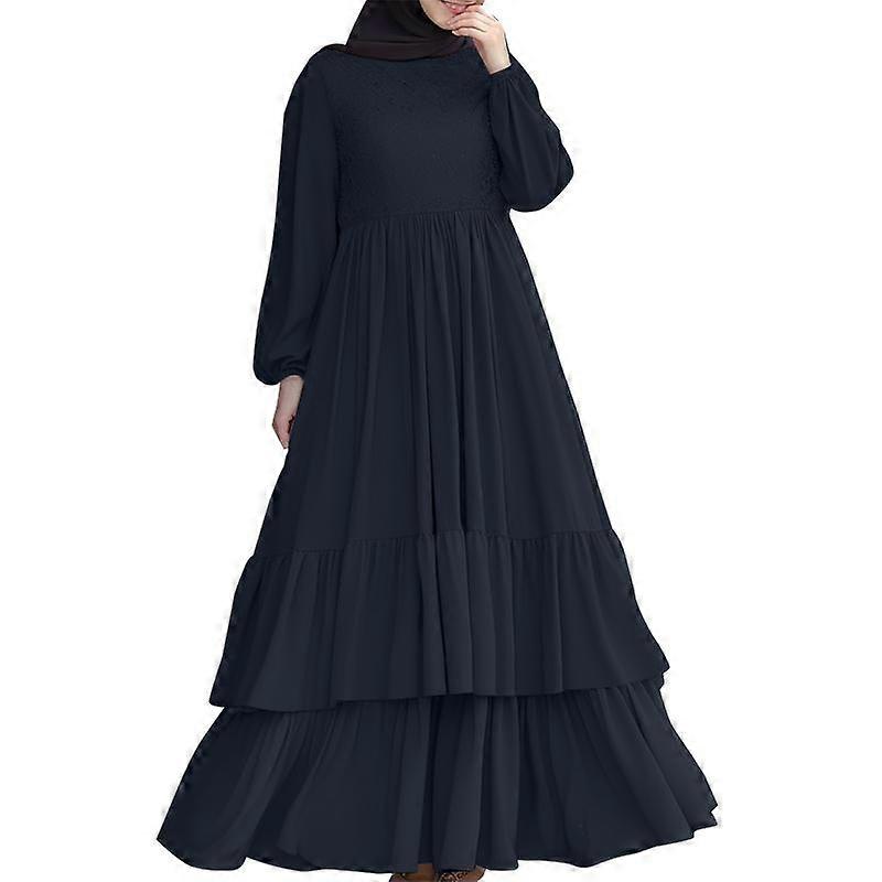 ZANZEA Damen Lässiges O-Ausschnitt Spitzen Patchwork Langarm Maxikleid