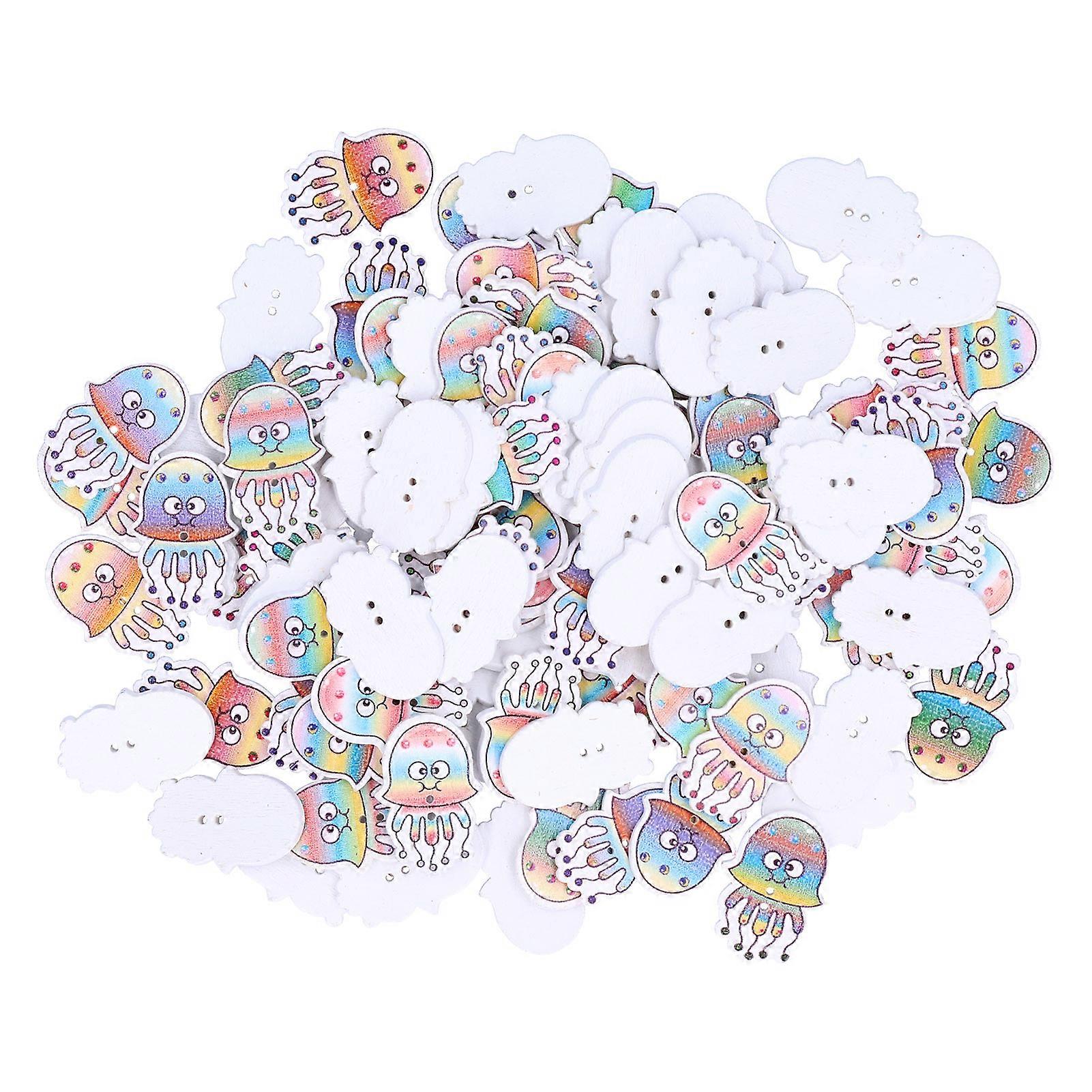 100Pcs DIY Buttons JellyfishPattern Colored Wood Button Clothes Decoration Accessory