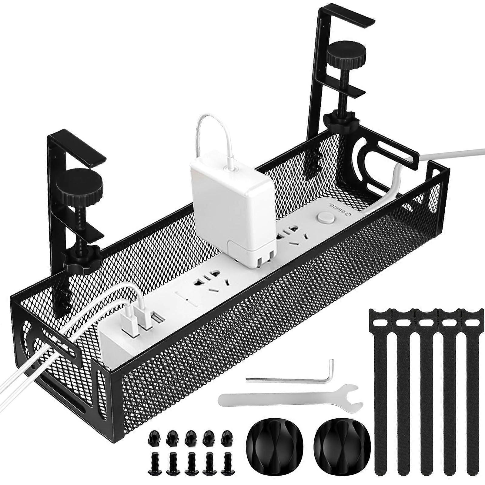 Under Desk Cable Management Tray Black, No Drill Wire Organizer with Clamp for Home Office, Durable Cord Storage Solution