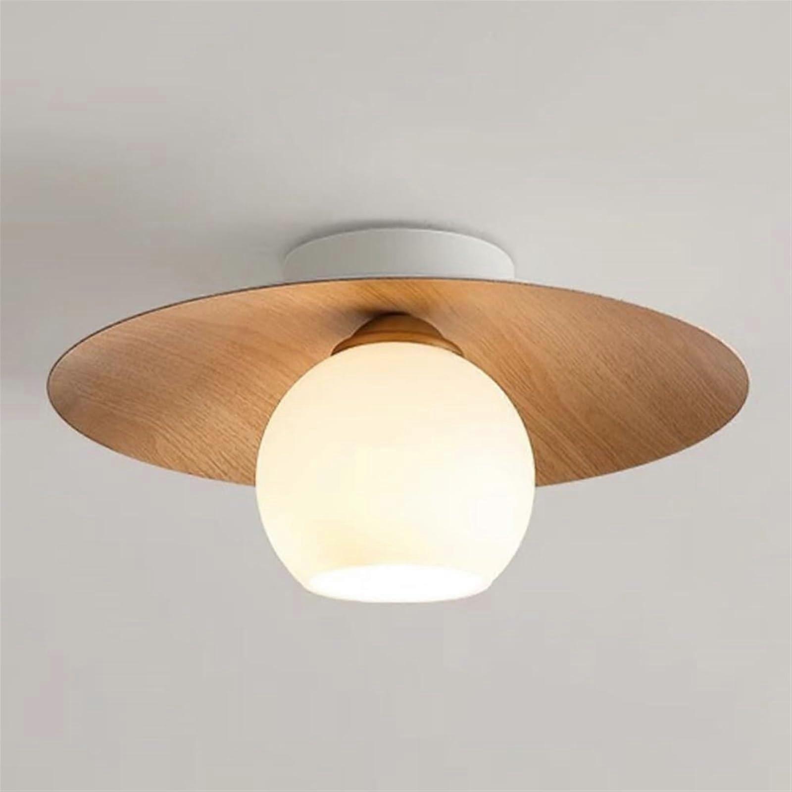 Round Semi Flush Mount Ceiling Light Fixture in Wood Grain/Walnut Grain White Globe Glass Ceiling Lamp